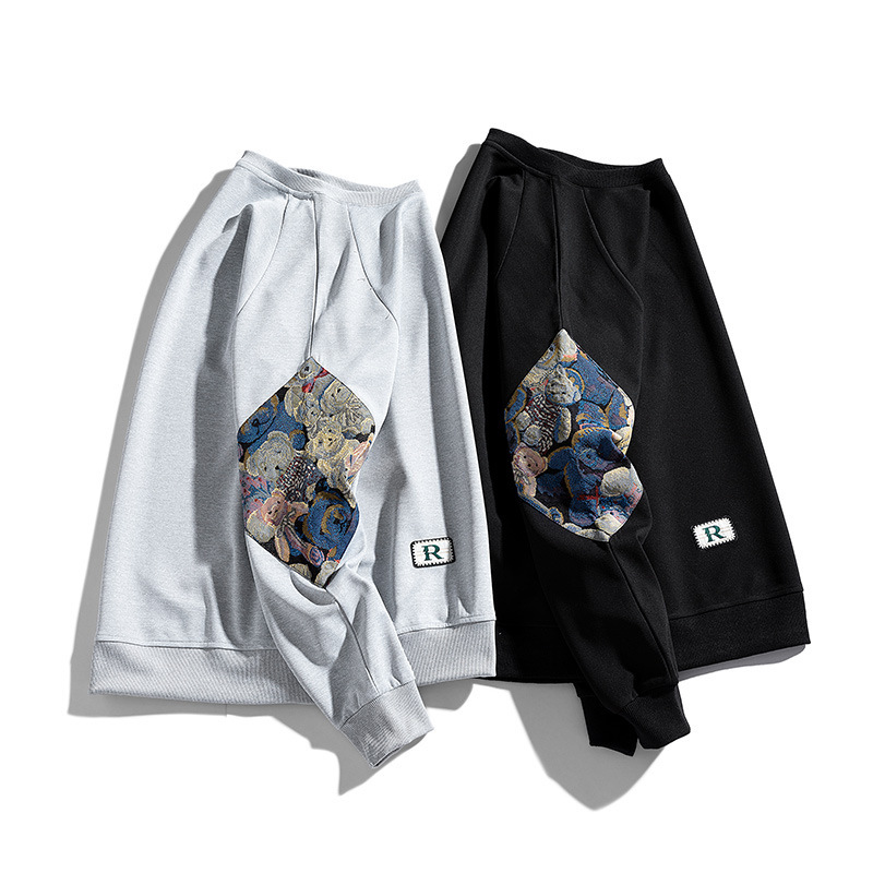 【單件/套裝】刺繡小熊美式拼接圓領衛衣+休閑百搭褲子兩件套裝-vivivale