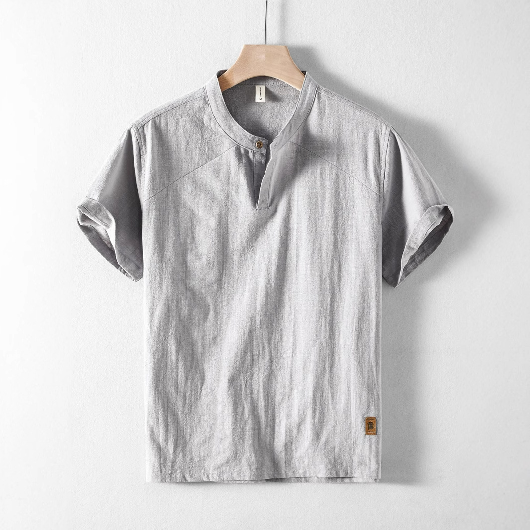 中國風立領亞麻襯衫休閒棉麻五分短袖-vivivale