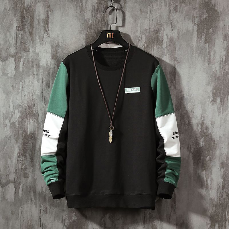 圓領休閒拼接寬鬆套頭ins潮流長袖T恤-vivivale