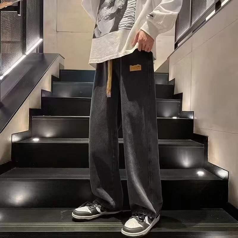 港風潮流ins寬鬆直筒褲時尚貼標闊腿牛仔褲