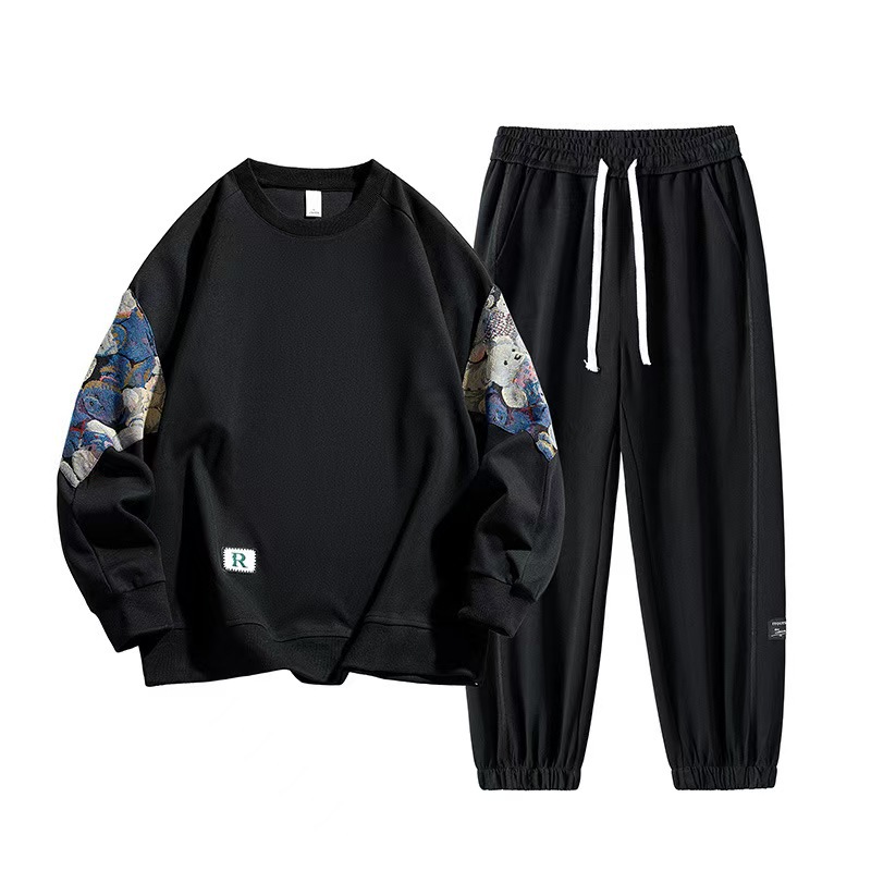 【單件/套裝】刺繡小熊美式拼接圓領衛衣+休閑百搭褲子兩件套裝-vivivale