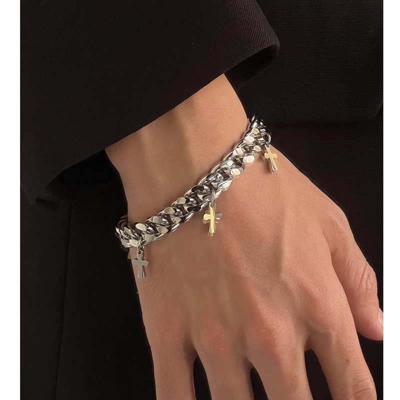 鈦鋼嘻哈百搭爆款復古冷淡風小眾古巴手鍊十字架小物飾品