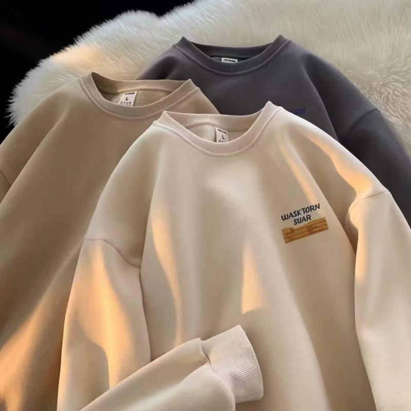 美式痞帥復古重磅圓領加絨寬鬆帥氣長袖T恤-vivivale