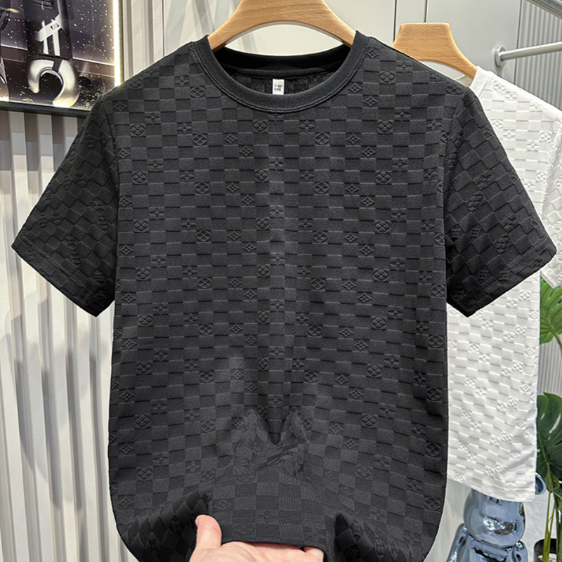 氣質休閒純色格子花紋輕奢感圓領短袖T恤-vivivale