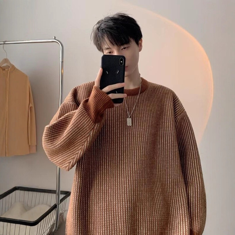 慵懶風圓領毛衣港風百搭寬鬆條紋針織衫-vivivale