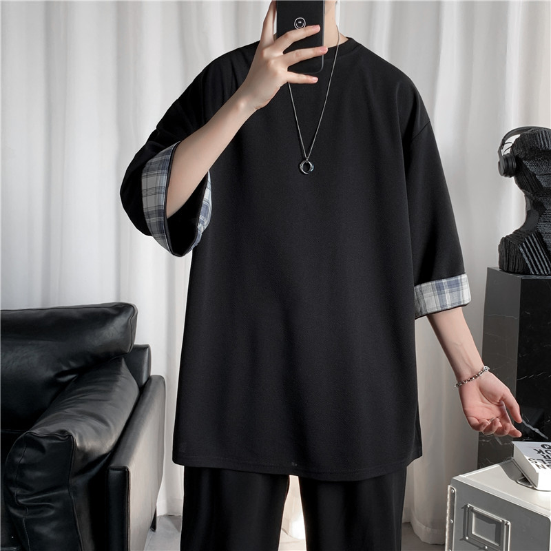 港風潮流格子拼接寬鬆圓領短袖