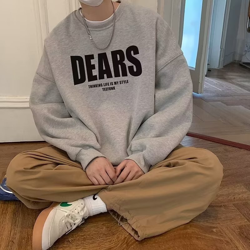 圓領加絨字母印花大碼寬鬆重磅港風長袖T恤-vivivale