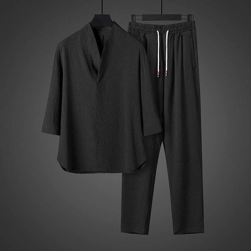 【套裝】冰絲垂感薄款T恤+鬆緊腰寬鬆長褲兩件套裝-vivivale