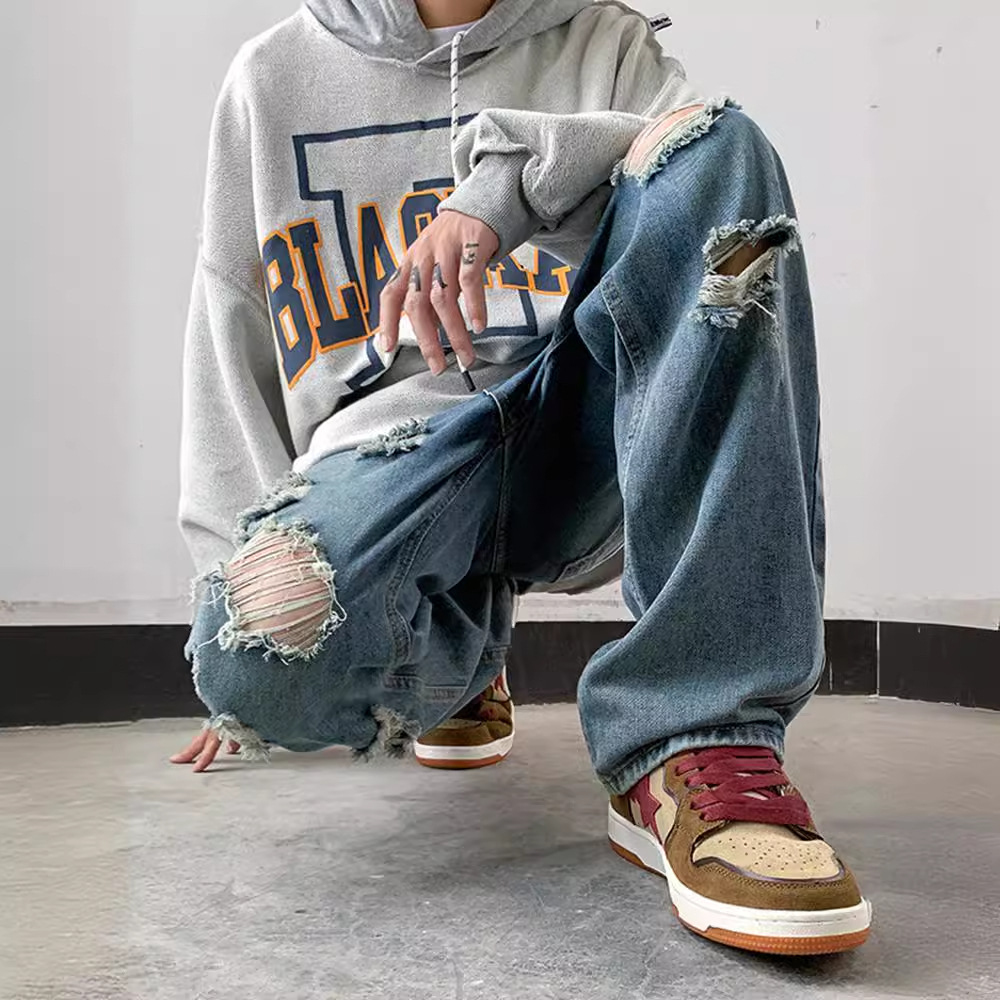 美式vibe風潮流帥氣街頭直筒破洞牛仔褲裝