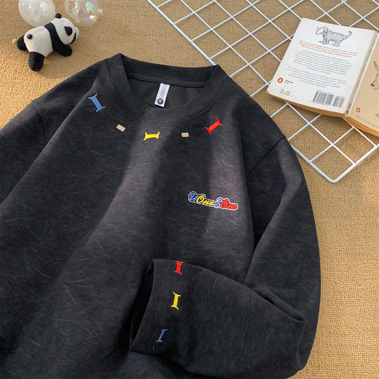 美式重磅寬鬆潮流砂洗彩虹刺繡長袖T恤