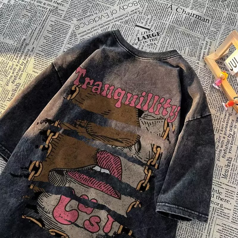 美式復古重磅高街水洗做舊夏季潮牌休閒大碼T恤上衣