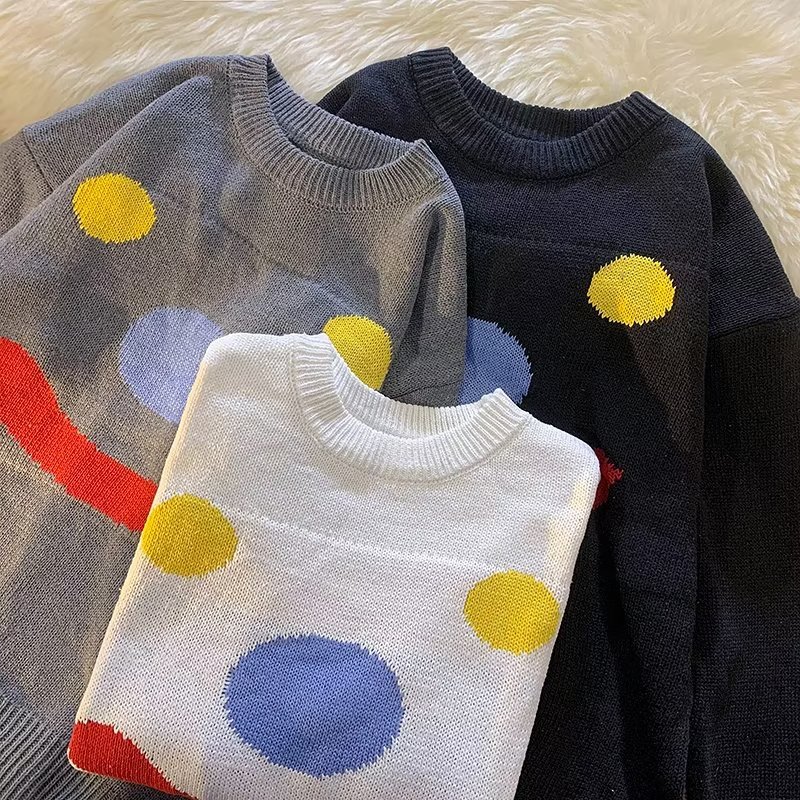 美式慵懶風寬鬆百搭針織衫小雪人笑臉毛衣-vivivale