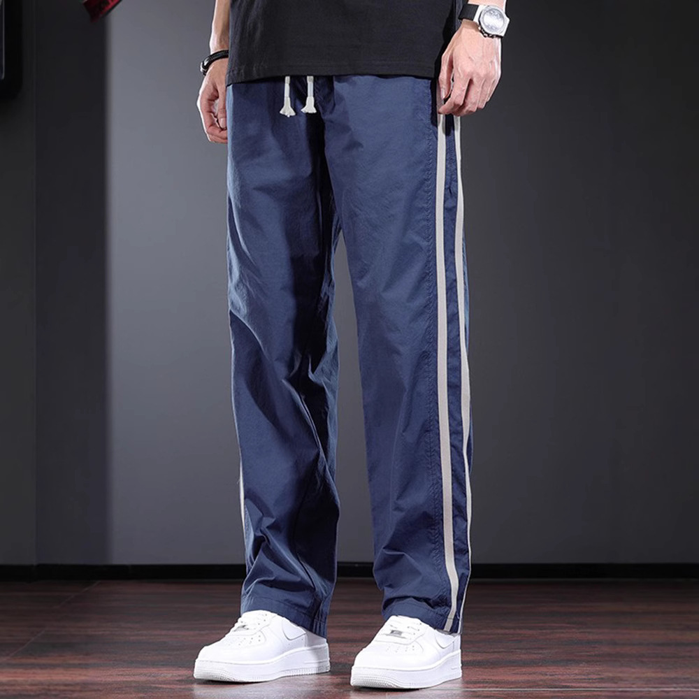 測邊條紋薄款個性設計感寬鬆直筒休閒褲-vivivale