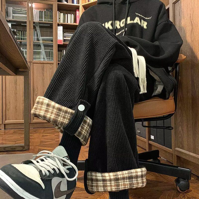 日系燈芯絨格子翻邊闊腿直筒復古褲裝-vivivale