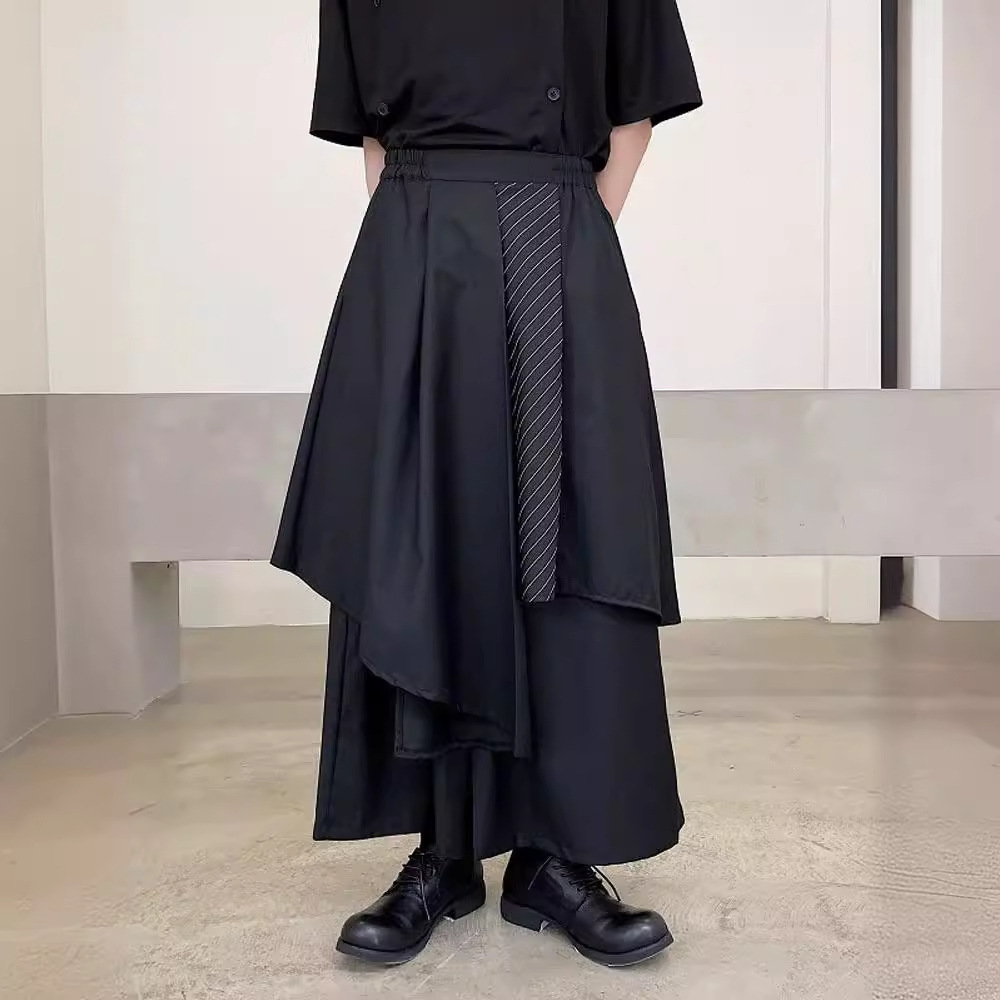 設計感假兩件黑武士日式闊腿裙褲-vivivale