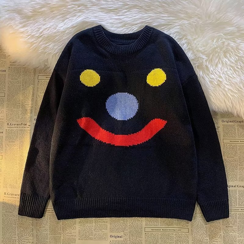 美式慵懶風寬鬆百搭針織衫小雪人笑臉毛衣-vivivale