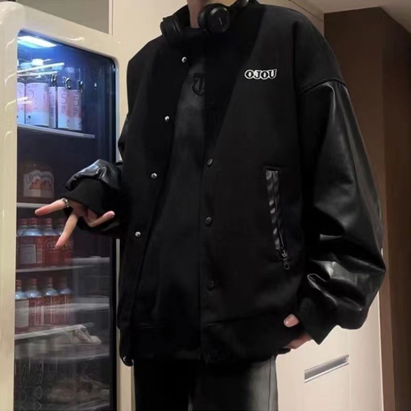 美式復古休閒拼接棒球服百搭情侶夾克外套-vivivale