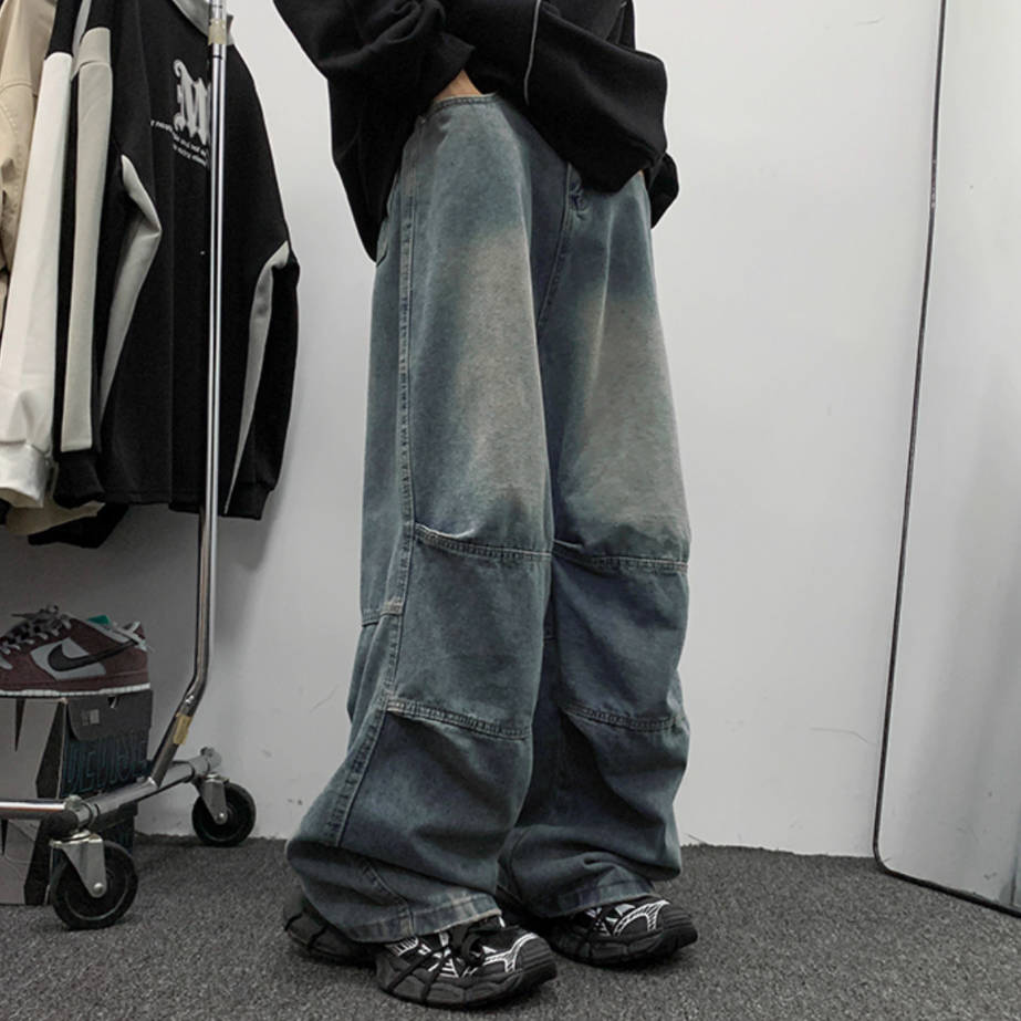 復古直筒水洗做舊拼接闊腿潮牌牛仔褲裝-vivivale