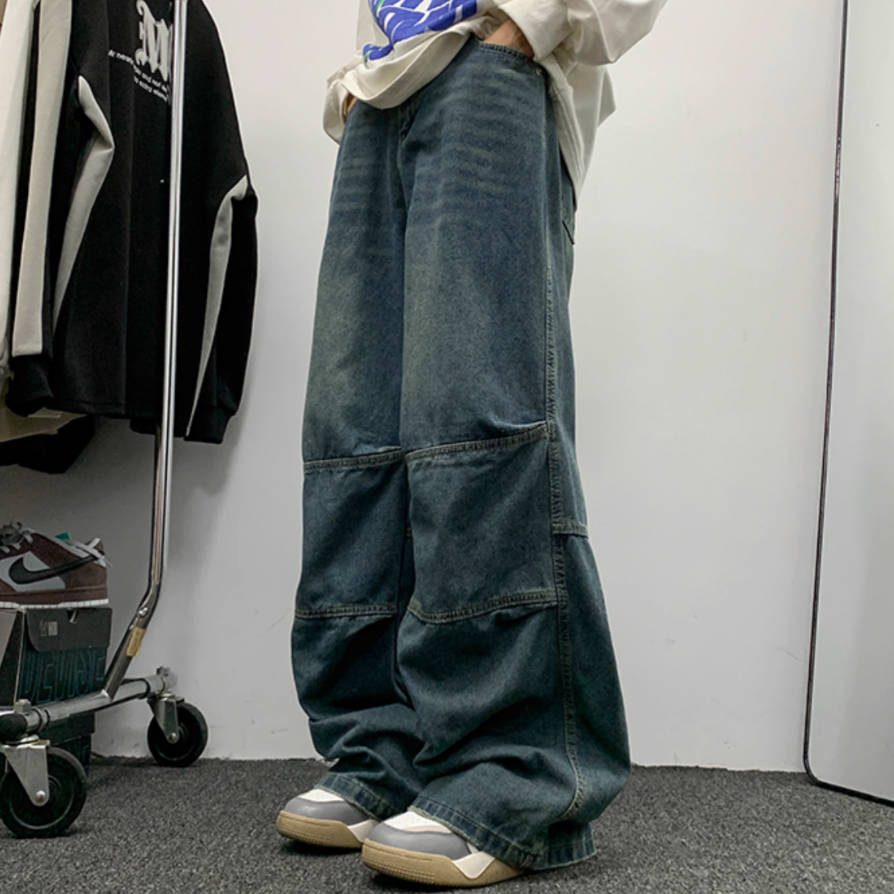 復古直筒水洗做舊拼接闊腿潮牌牛仔褲裝-vivivale