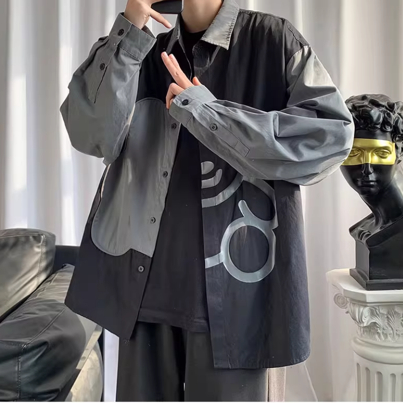 設計感小眾寬鬆bf風長袖趣味小熊拼接襯衫-vivivale