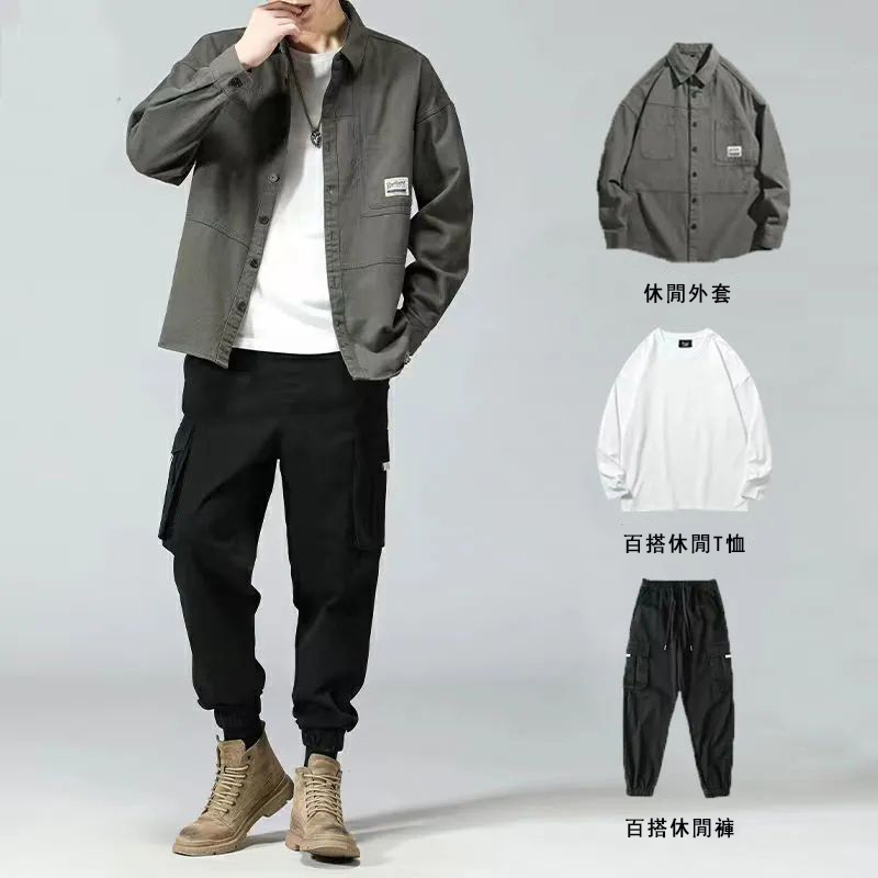 【單件/套裝】潮流寬鬆潮襯衫+百搭長袖T恤+帥氣工裝褲褲裝三件套套裝