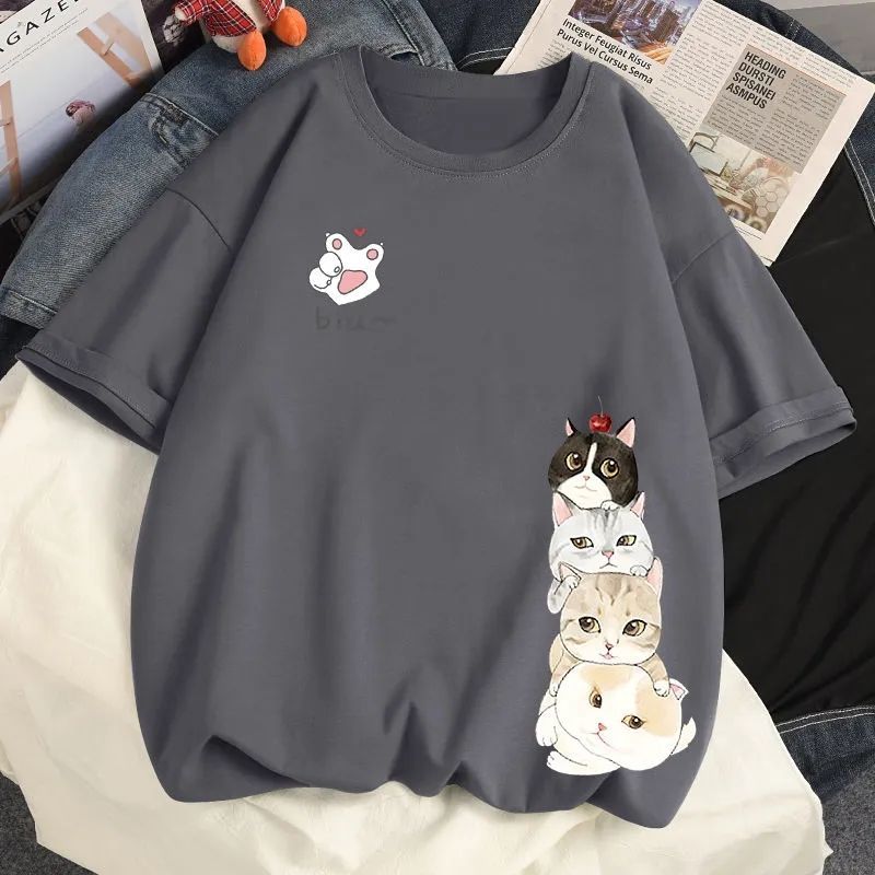 時尚休閑貓咪印花寬鬆大碼顯瘦短袖t恤
