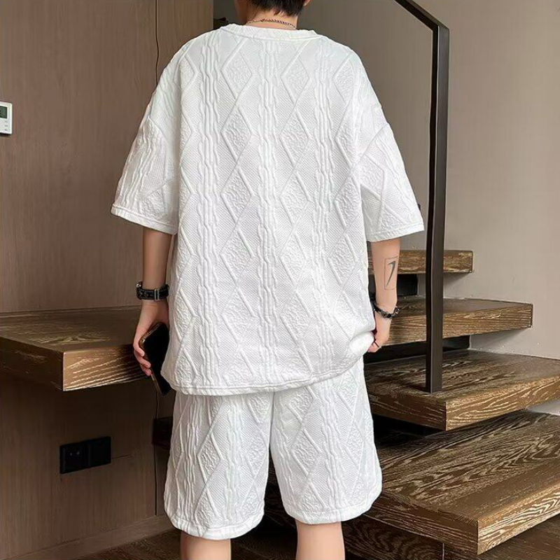 【整套】潮流痞帥百搭寬松圓領提花紋理短袖T恤+休閑短褲兩件套