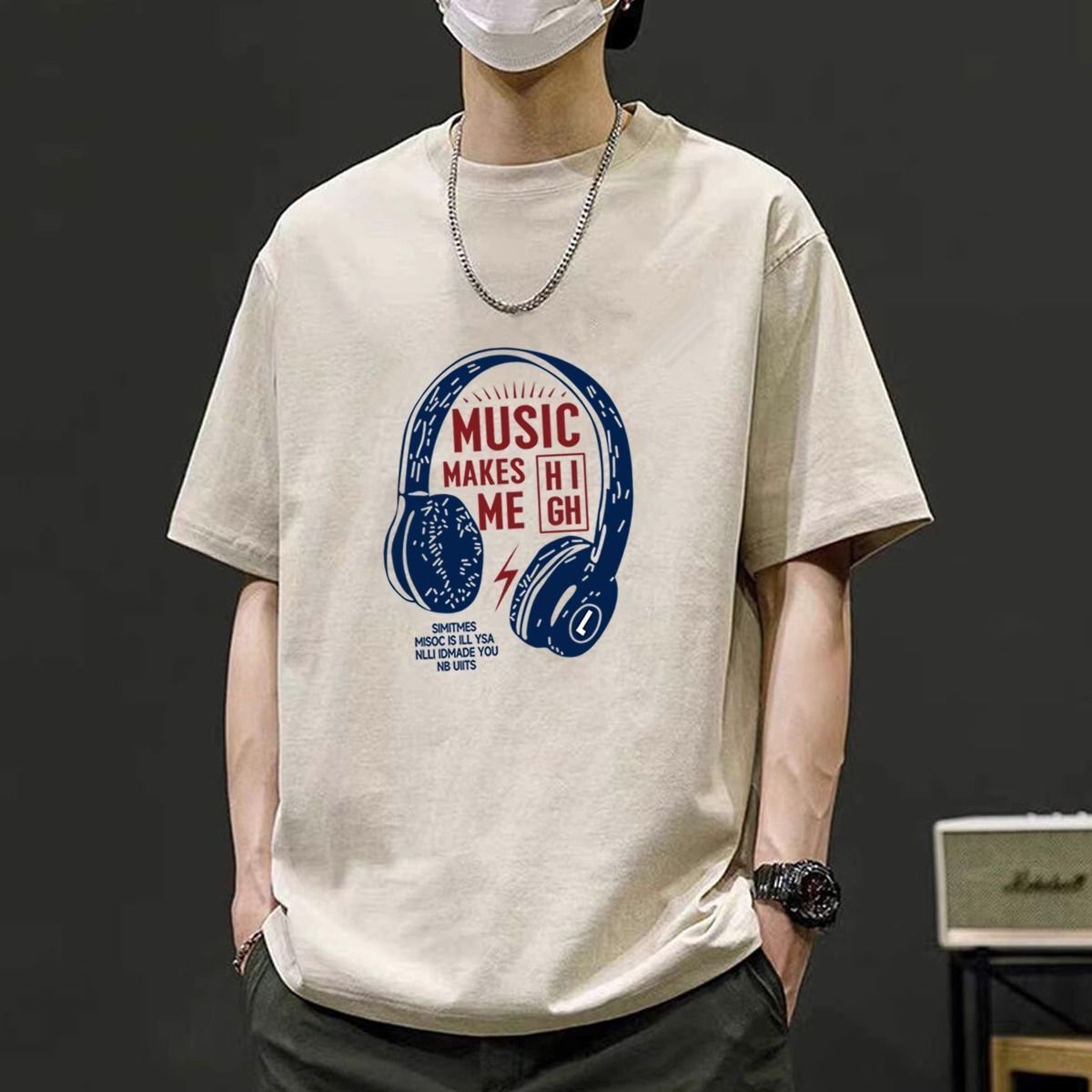復古百搭大碼寬鬆耳機印花純棉短袖t恤