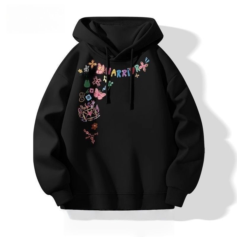 美式塗鴉花卉印花寬鬆休閒連帽情侶衛衣-vivivale