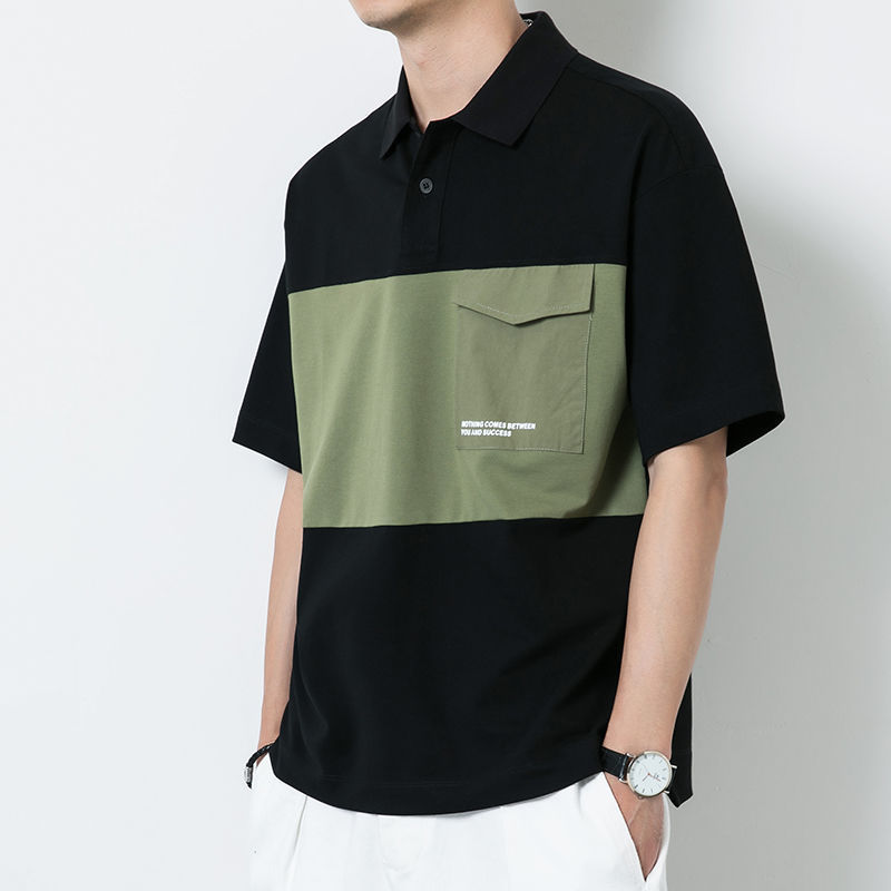 休閒個性撞色翻領口袋polo衫短袖