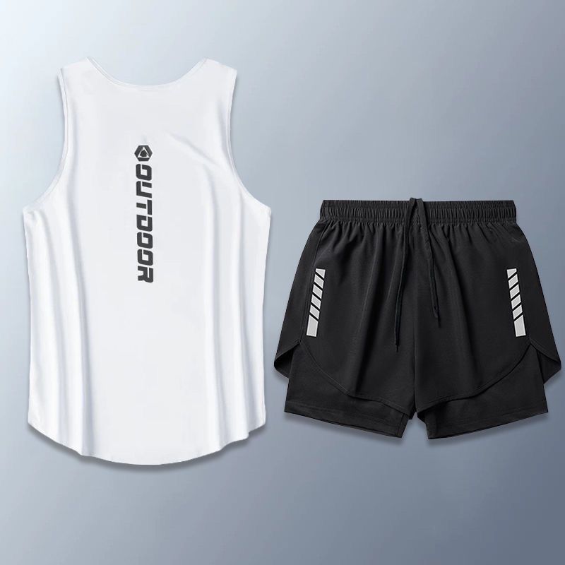 【整套】健身籃球跑步運動速冰絲透氣無袖T恤短褲兩件套裝