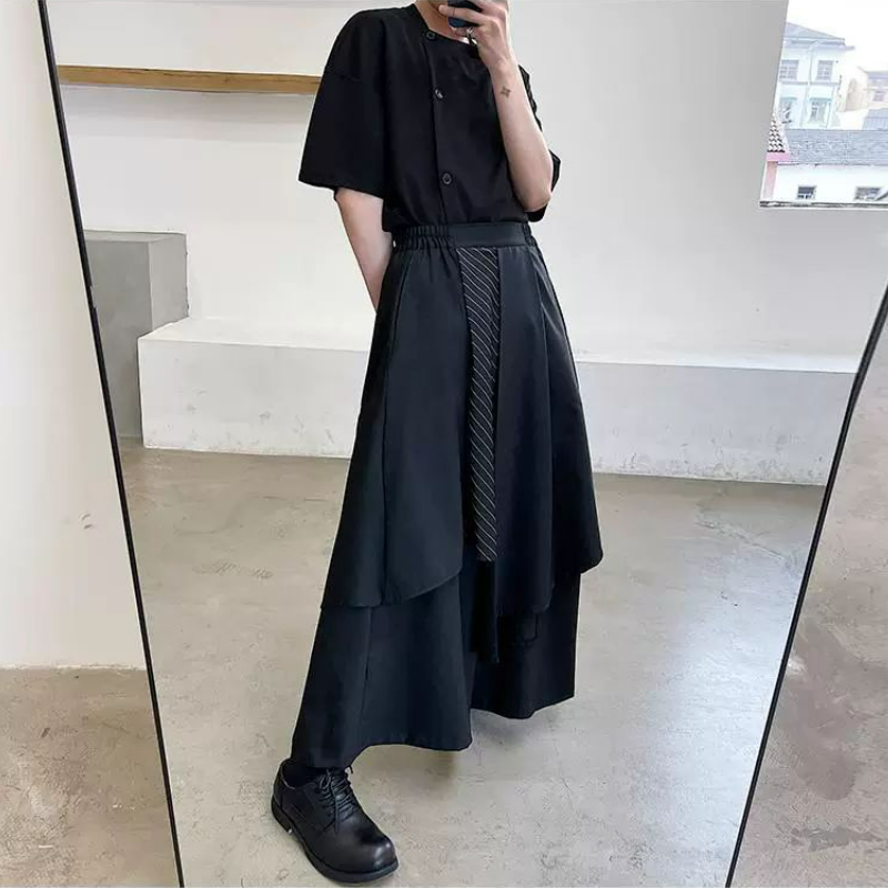 設計感假兩件黑武士日式闊腿裙褲-vivivale