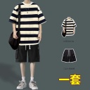 條紋T黑色+五分褲黑色【兩件套】