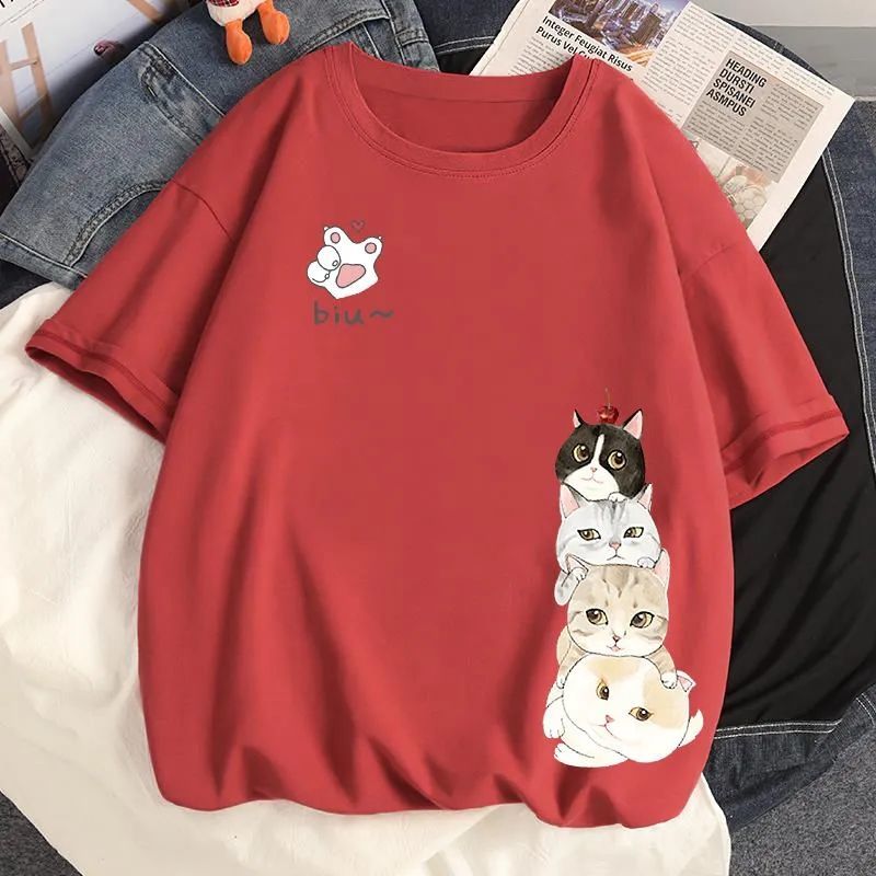 時尚休閑貓咪印花寬鬆大碼顯瘦短袖t恤