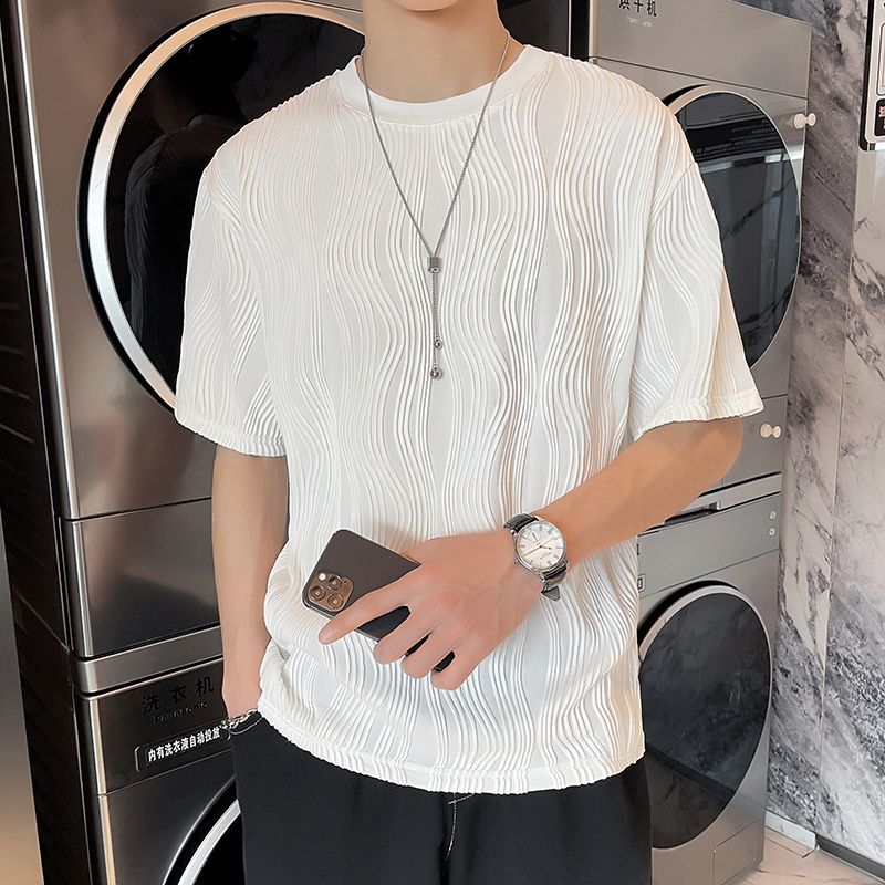 潮流帥氣設計感寬鬆波浪紋薄款短袖T恤