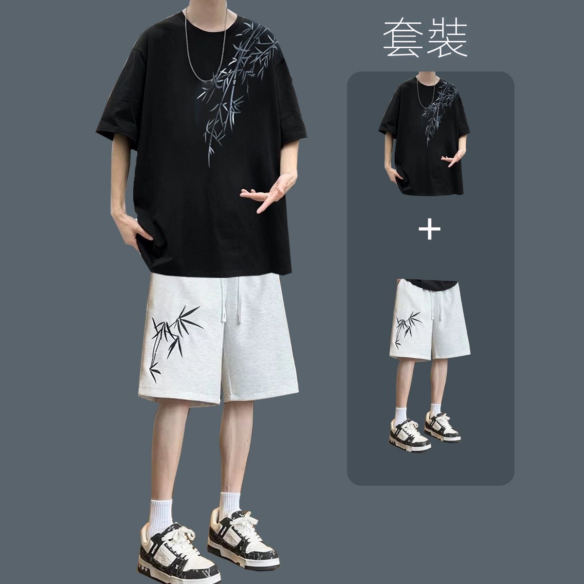 【套裝】休閒百搭潮流運動風短袖T恤+短褲兩件套裝-vivivale