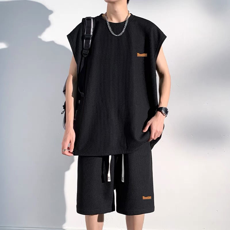 【套裝】冰絲速乾運動風健身無袖背心+短褲兩件套裝-vivivale