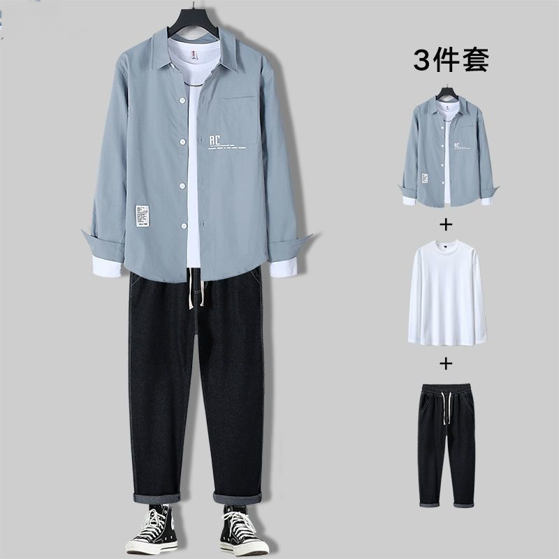 【套裝】休閒韓版潮流襯衫+百搭T恤+牛仔褲裝三件套套裝-vivivale
