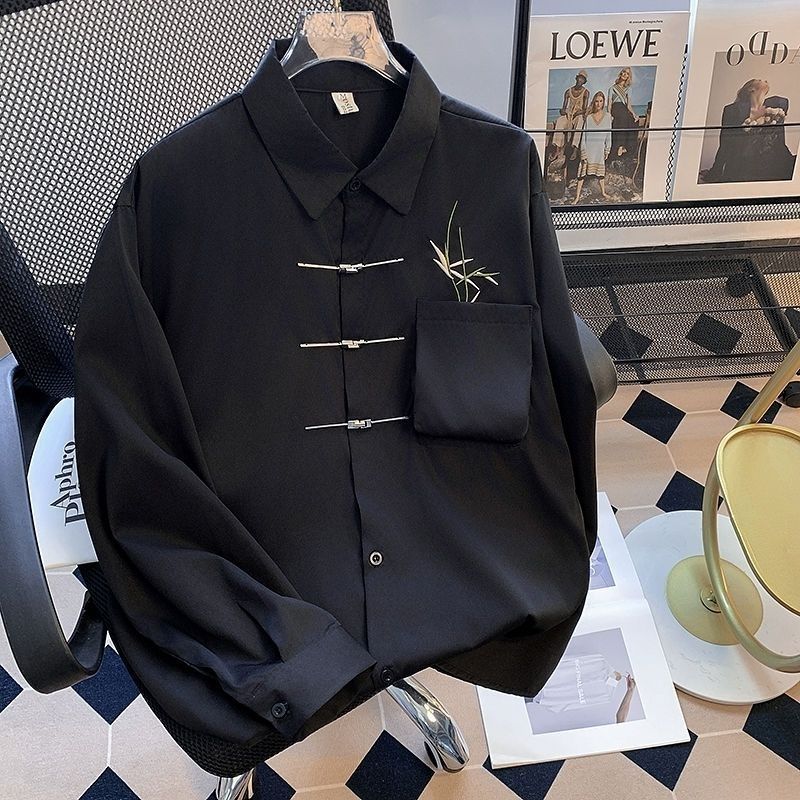 國風刺繡中式百搭休閒金屬痞帥長袖襯衫