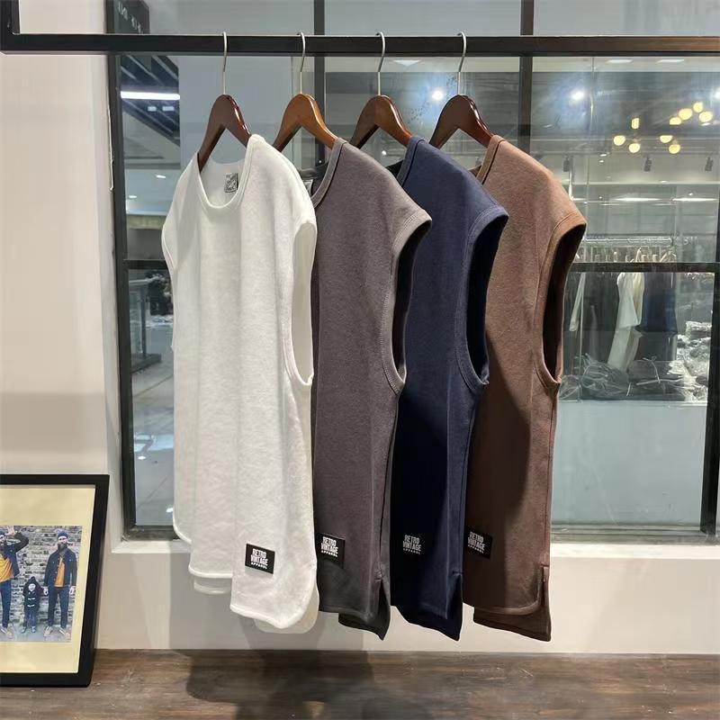 美式透氣寬鬆無袖純色圓領坎肩背心-vivivale