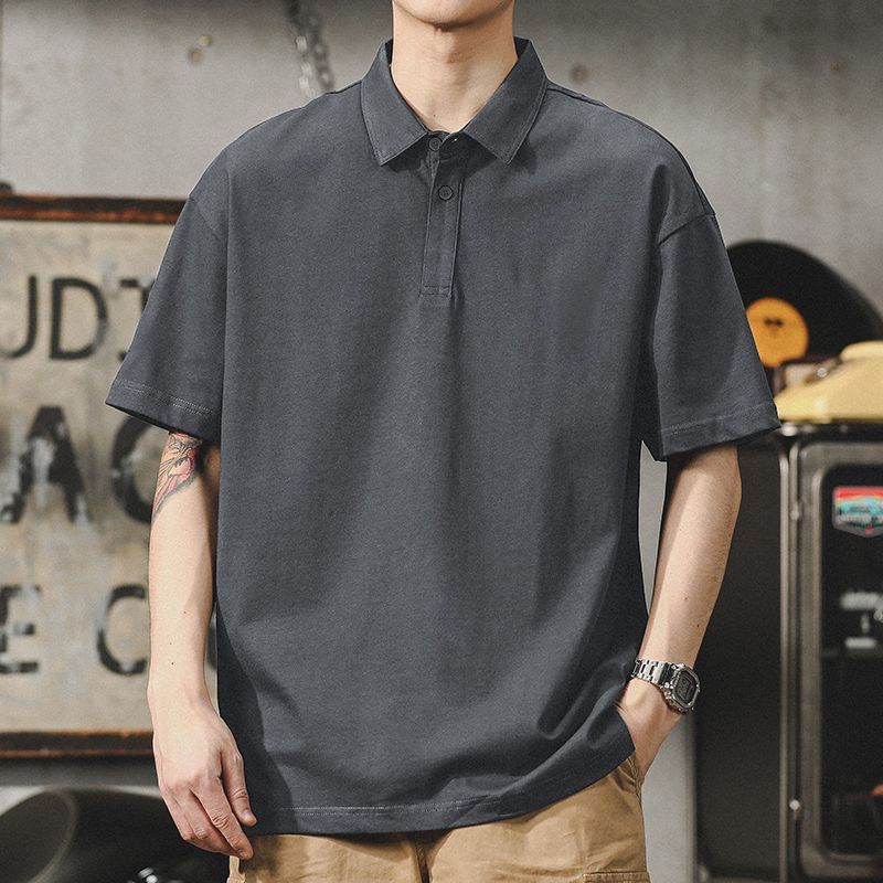 潮流帥氣寬鬆重磅純棉翻領純色t恤polo衫-vivivale