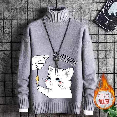 韓版卡通印花潮流針織衫一體絨半高領毛衣-vivivale