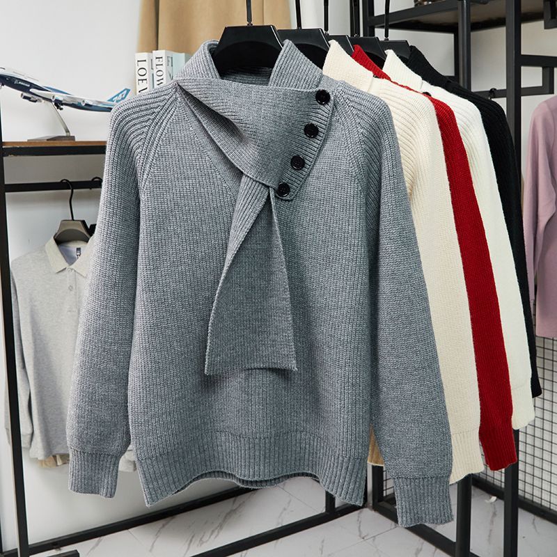 寬鬆外穿慵懶風針織衫休閒可拆圍巾毛衣