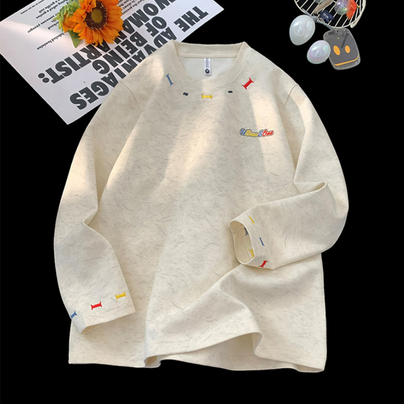 美式重磅寬鬆潮流砂洗彩虹刺繡長袖T恤