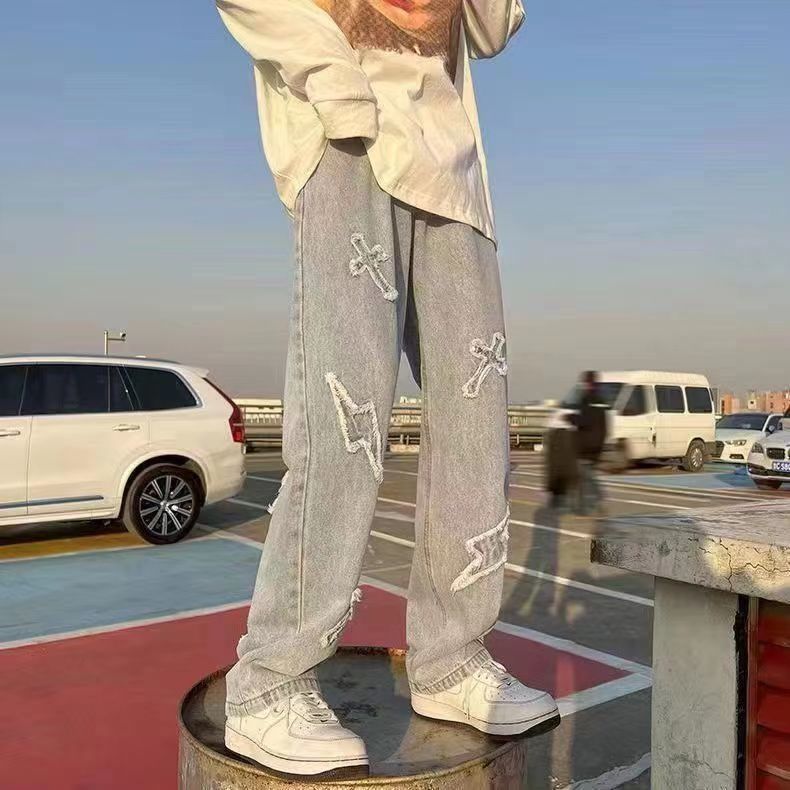 高街毛邊貼布直筒美式嘻哈街頭百搭牛仔褲