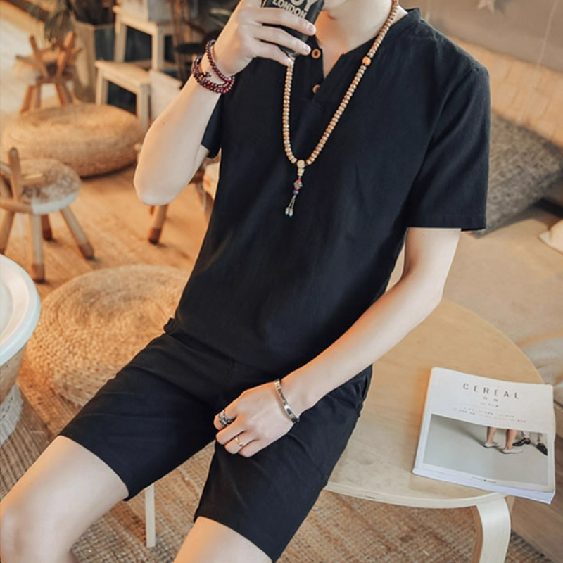 亞麻休閒寬鬆復古棉麻v領短袖T恤-vivivale