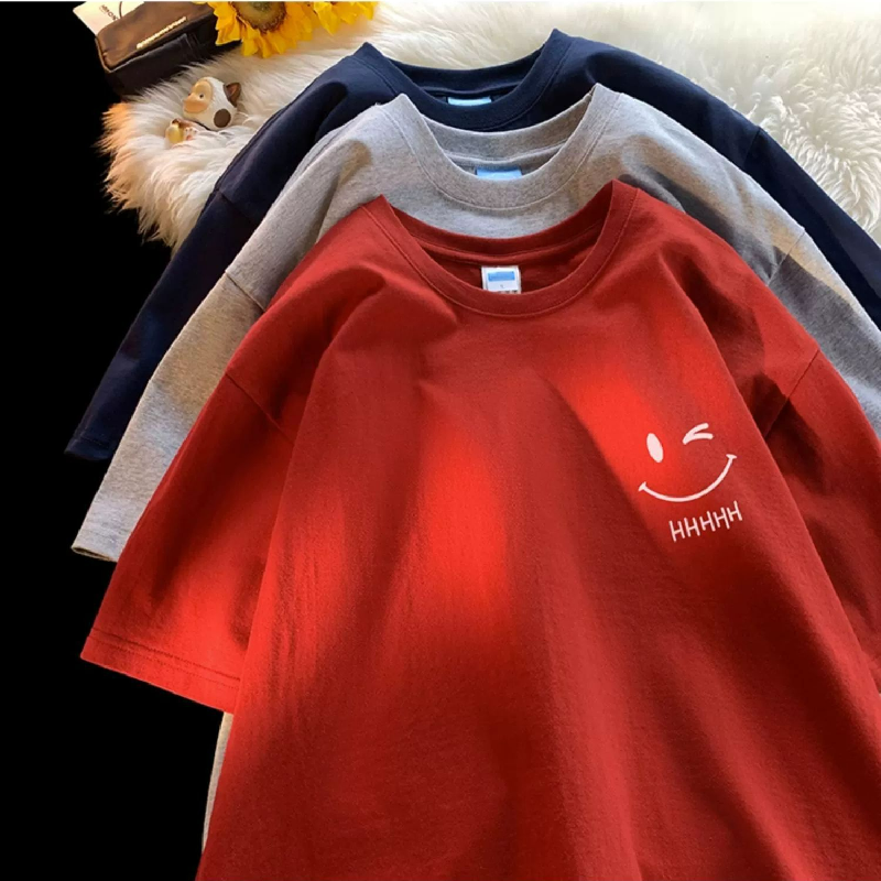 百搭純棉笑臉印花寬鬆圓領簡約短袖-vivivale