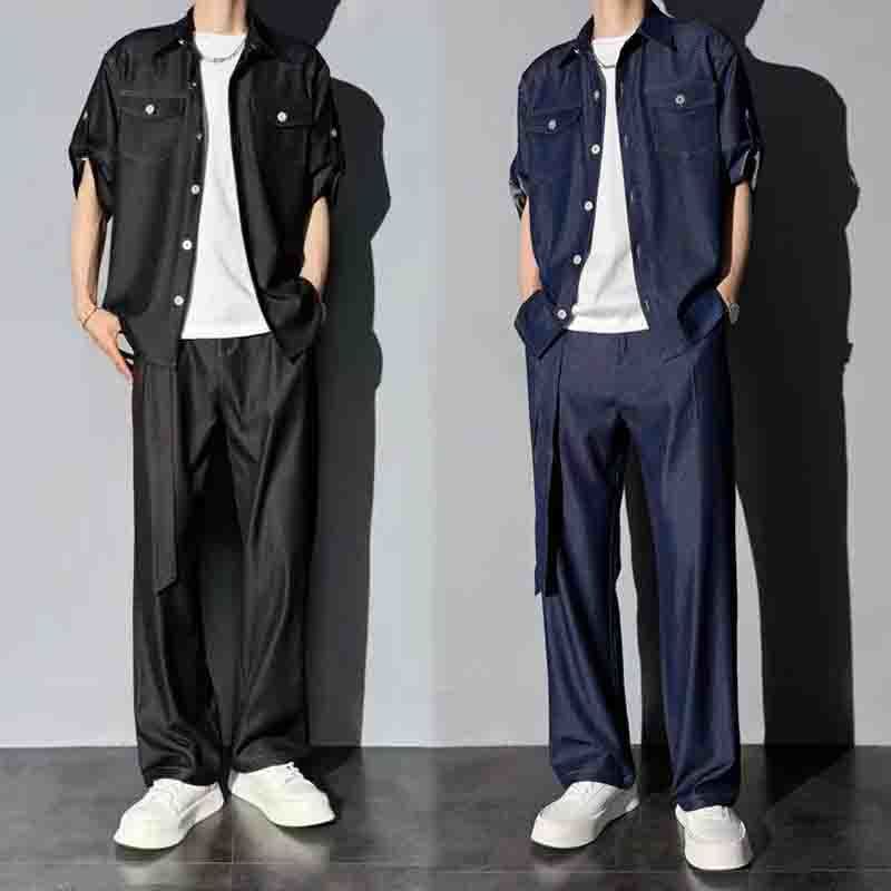 【單件/套裝】薄款五分袖時尚潮流冰絲牛仔襯衫+寬松休閑褲兩件套