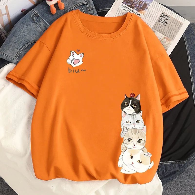 時尚休閑貓咪印花寬鬆大碼顯瘦短袖t恤