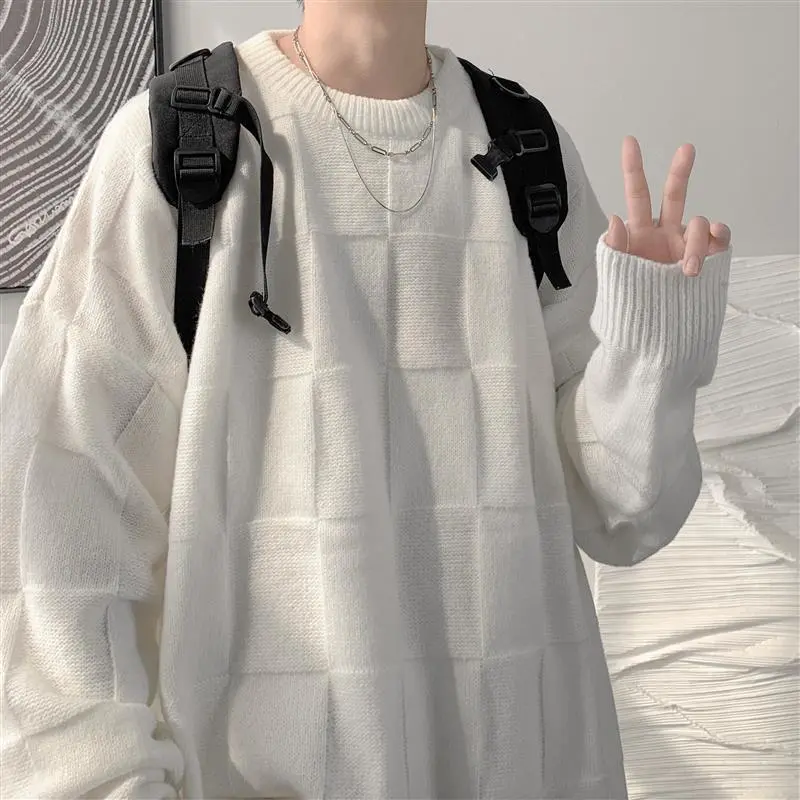 慵懶風復古圓領寬鬆潮流百搭慵懶格子針織毛衣